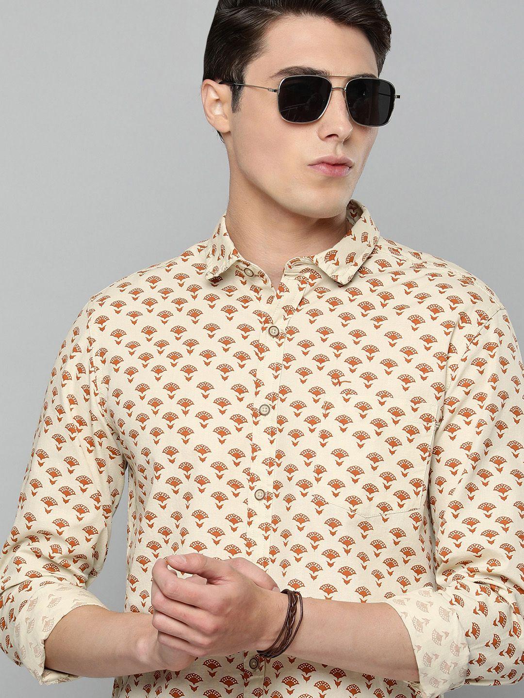 flying machine men rust slim fit floral printed pure cotton casual shirt