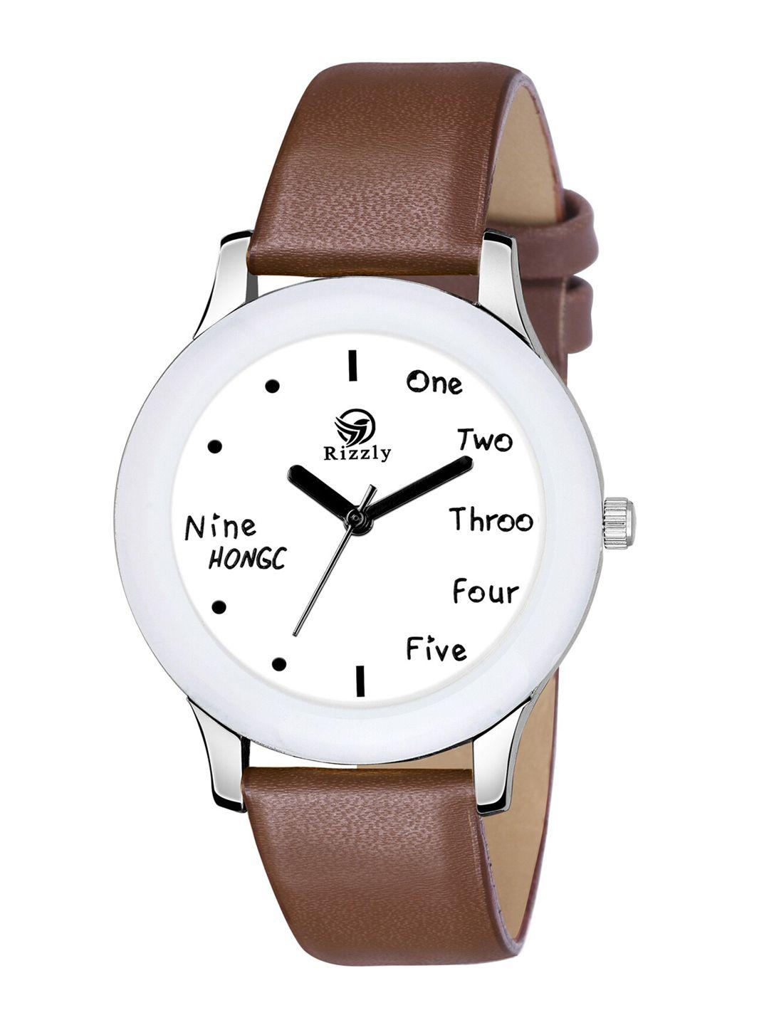 septem women white printed dial & brown leather straps analogue watch