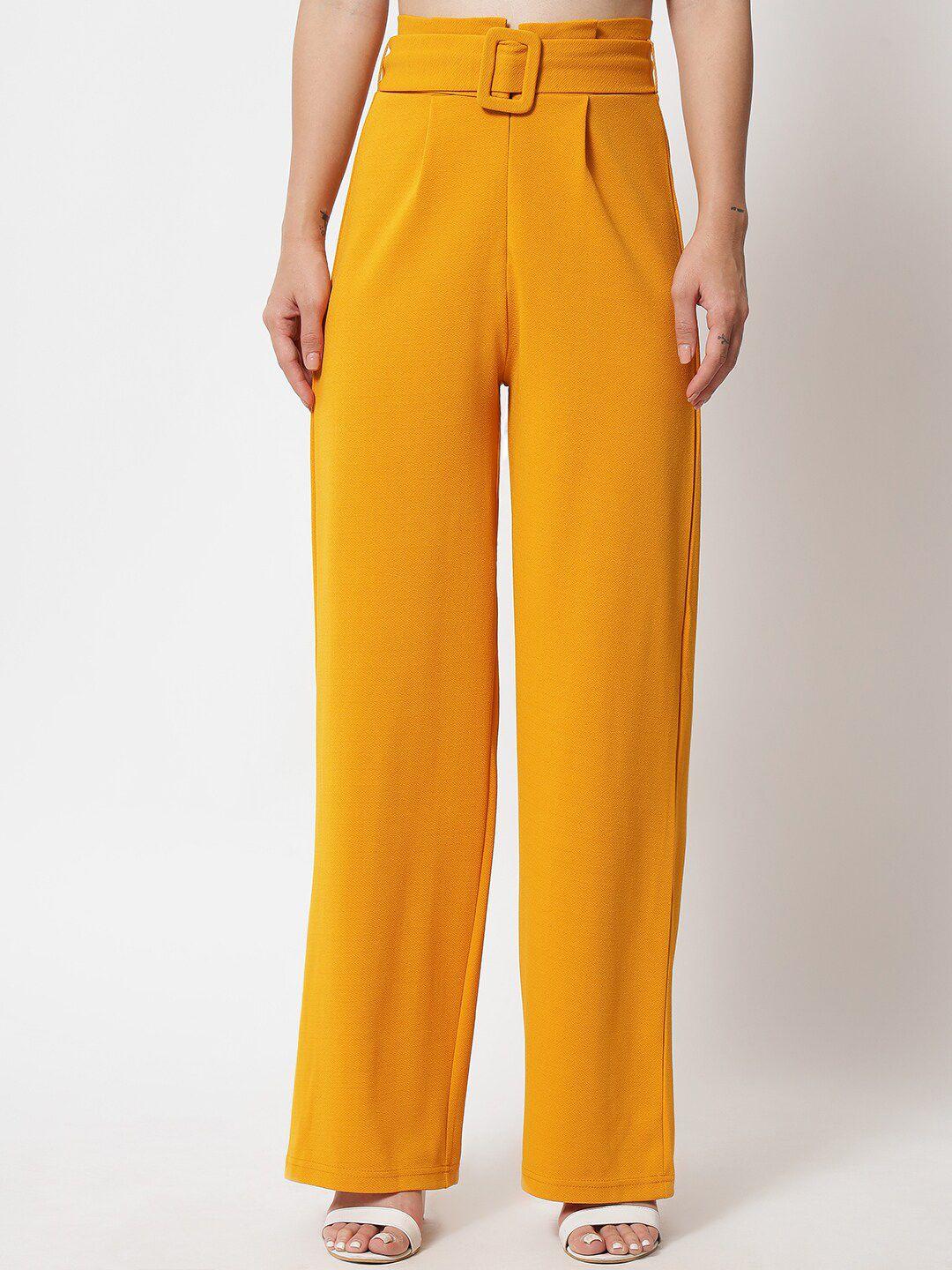 kotty women yellow relaxed straight fit high-rise easy wash pleated trousers