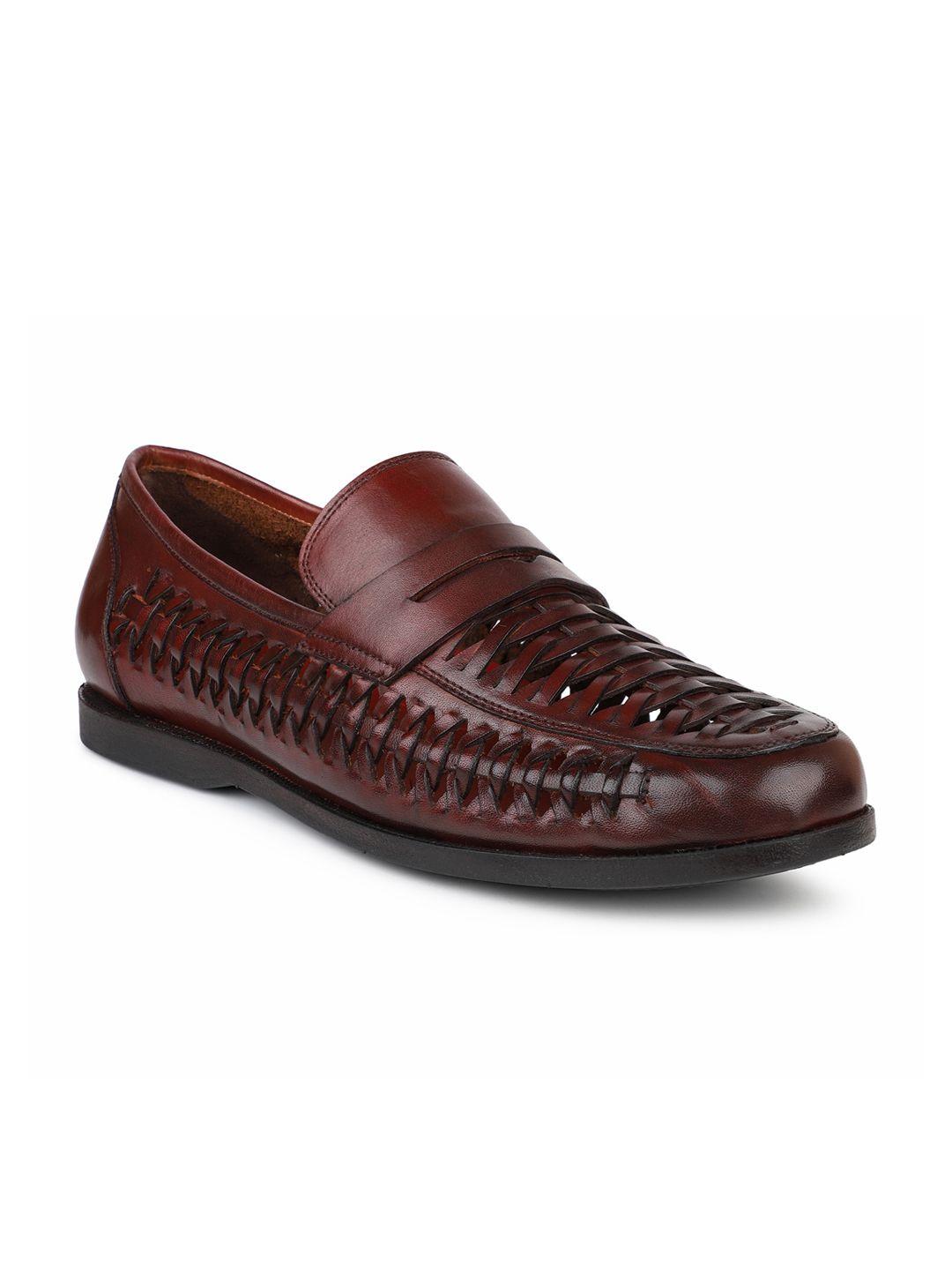 atesber men brown solid leather slip-on formal loafers