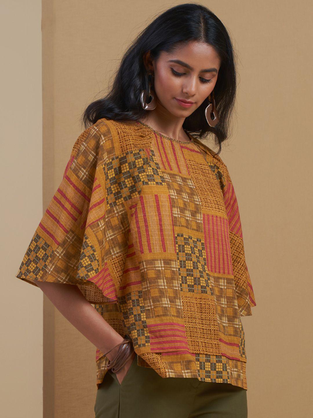 ritu kumar mustard yellow & maroon printed cotton tunic