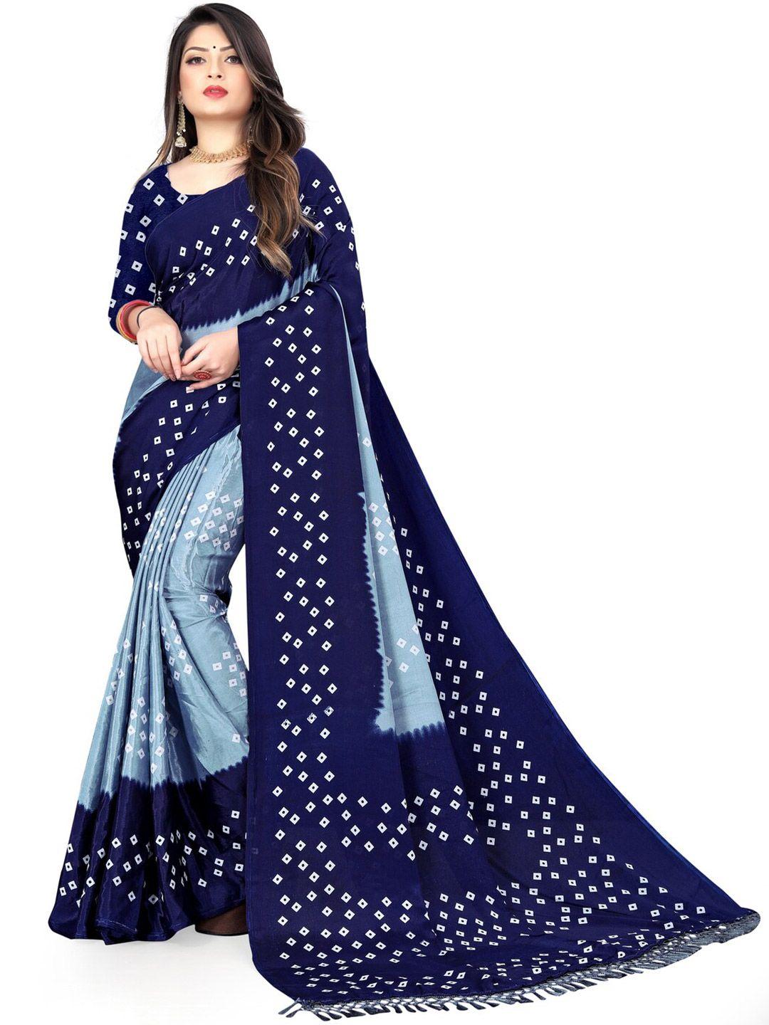 laheja navy blue women's bandhani printed silk blend saree with unstiched blouse