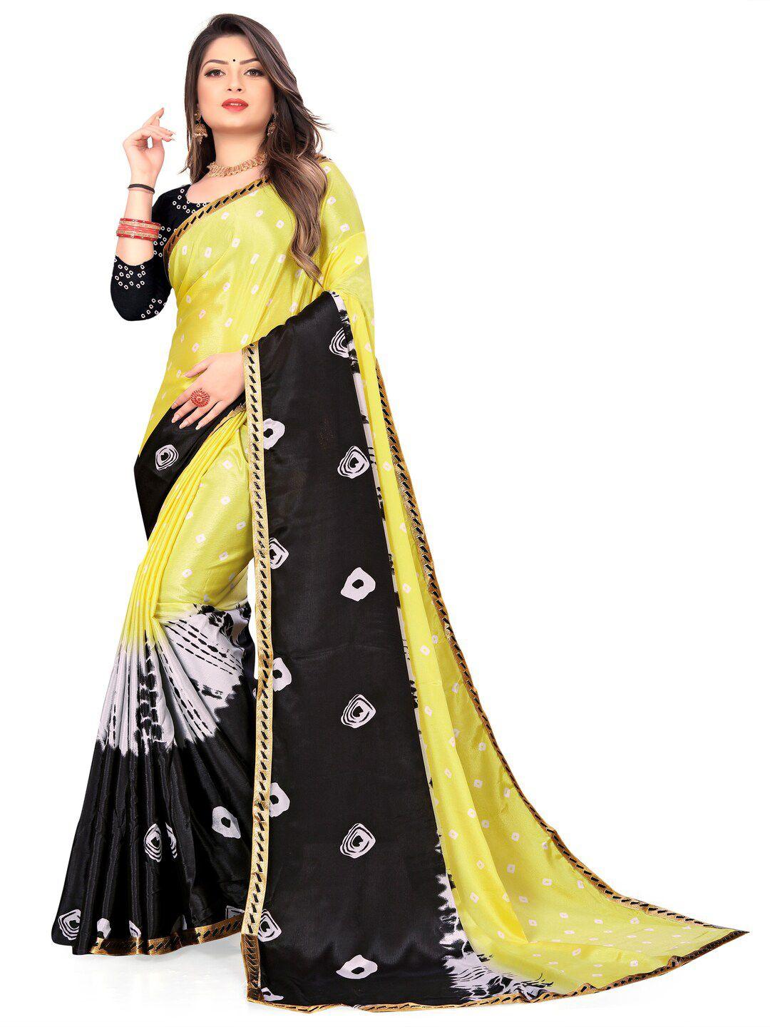 laheja yellow & black women  bandhani zari silk blend saree