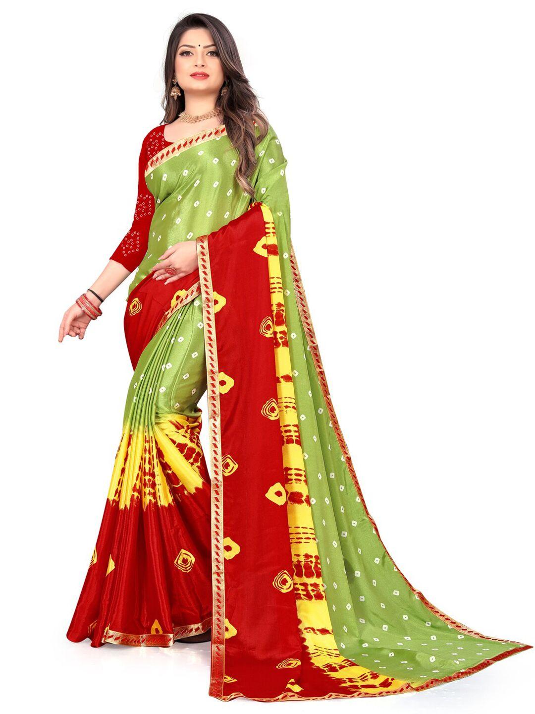 laheja green & red bandhani silk blend saree