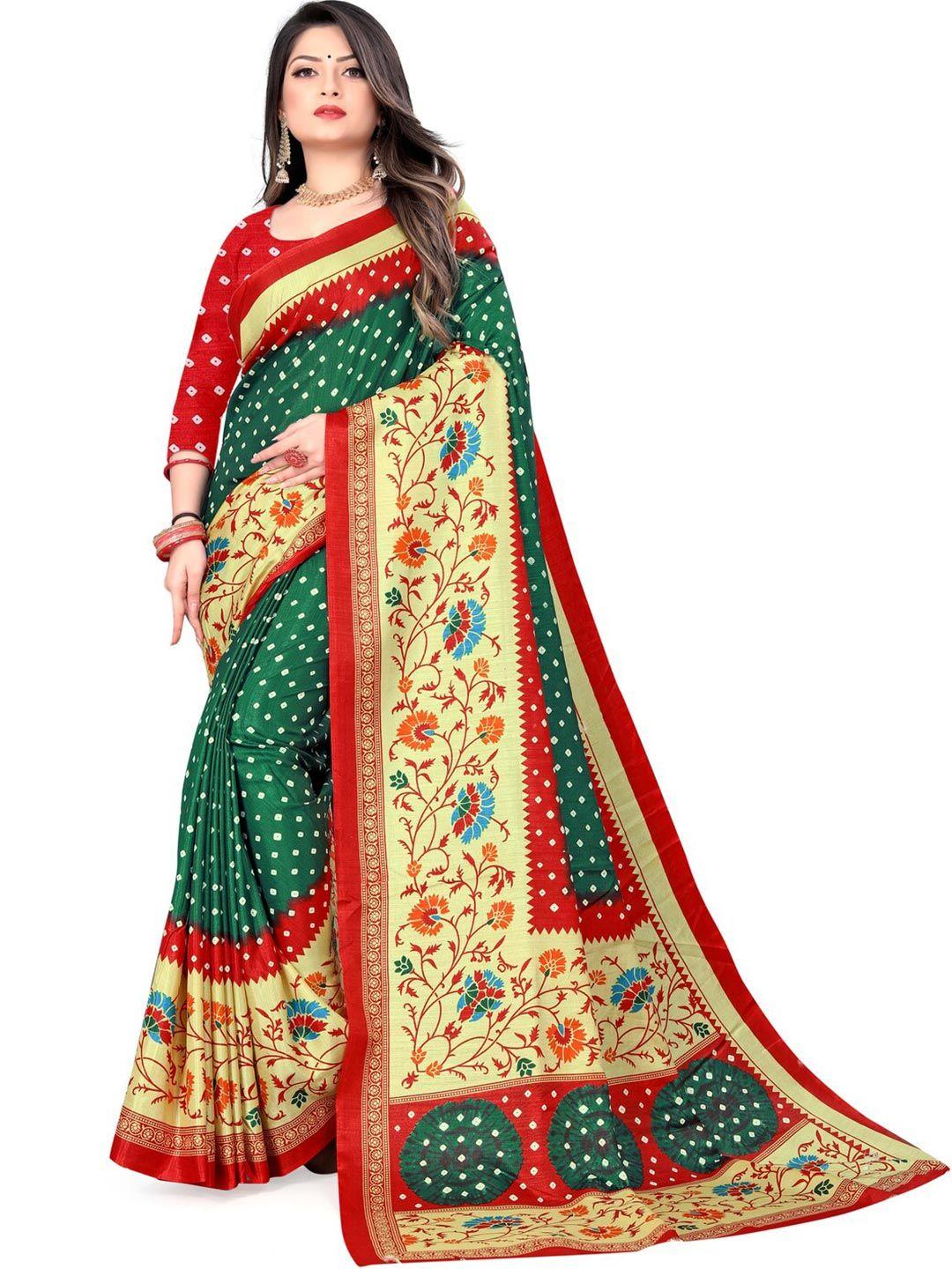 laheja green & red bandhani silk blend saree