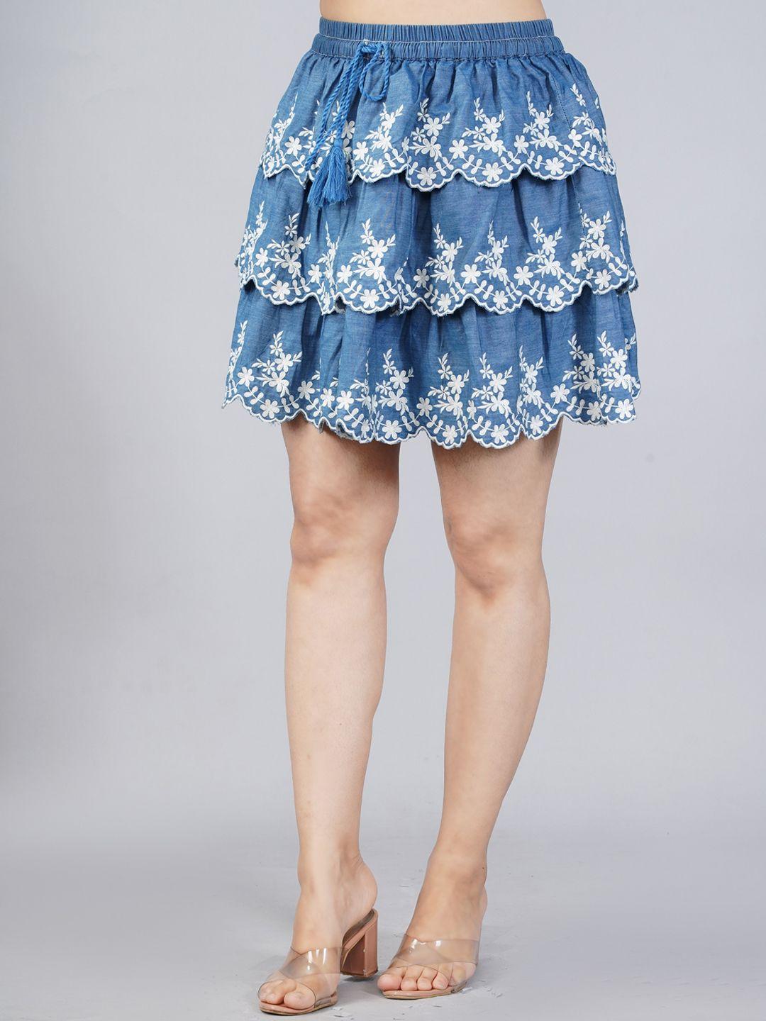 sumavi-fashion women blue embroidered mini divided skirts