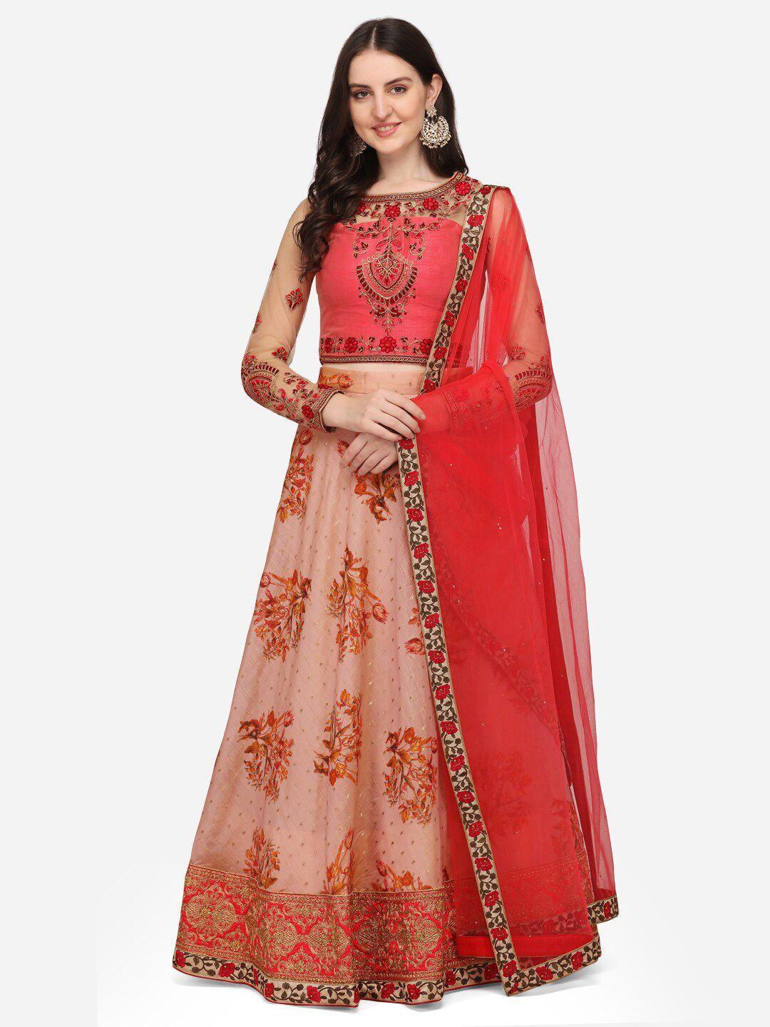 saptrangi pink & gold-toned embroidered semi-stitched lehenga & unstitched blouse with dupatta