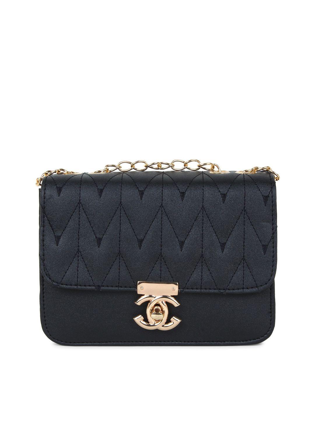 likaa black textured pu structured sling bag with quilted