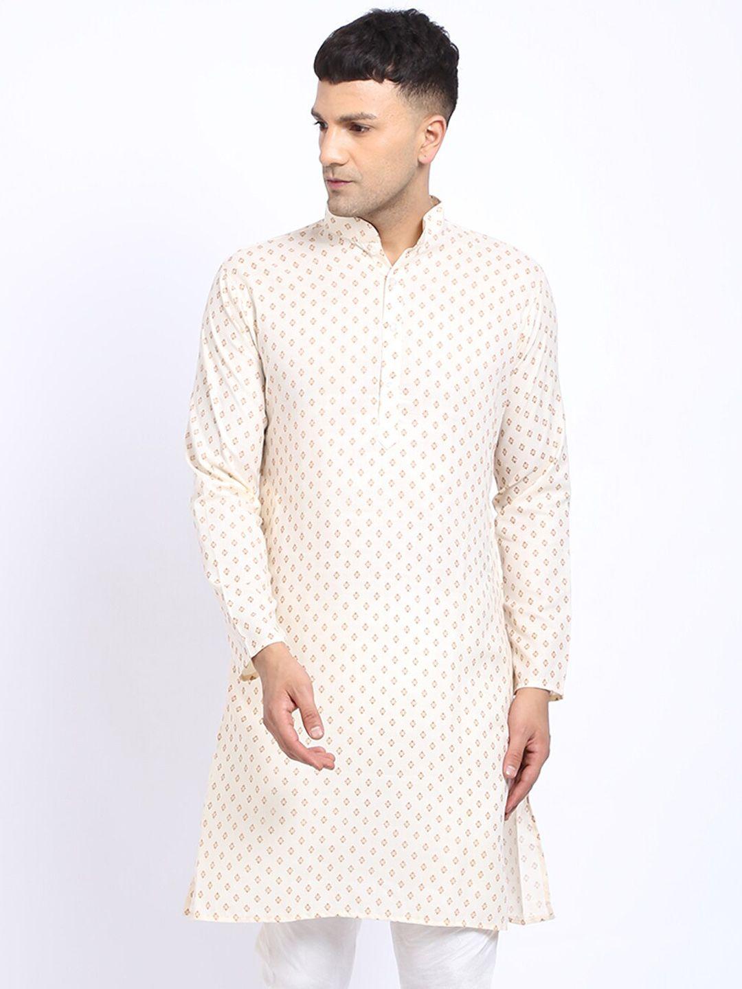 treemoda men cream-coloured floral cotton kurta