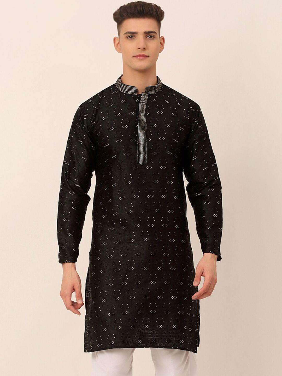 jompers men black mandarin collar thread work kurta