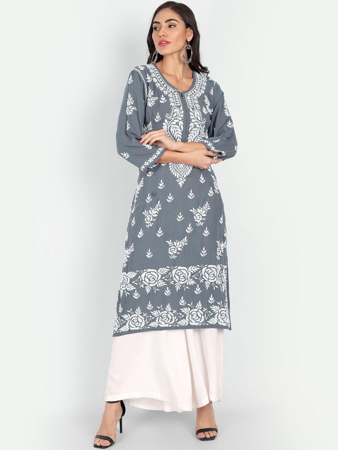 indiankala4u women grey ethnic motifs embroidered chikankari  kurta