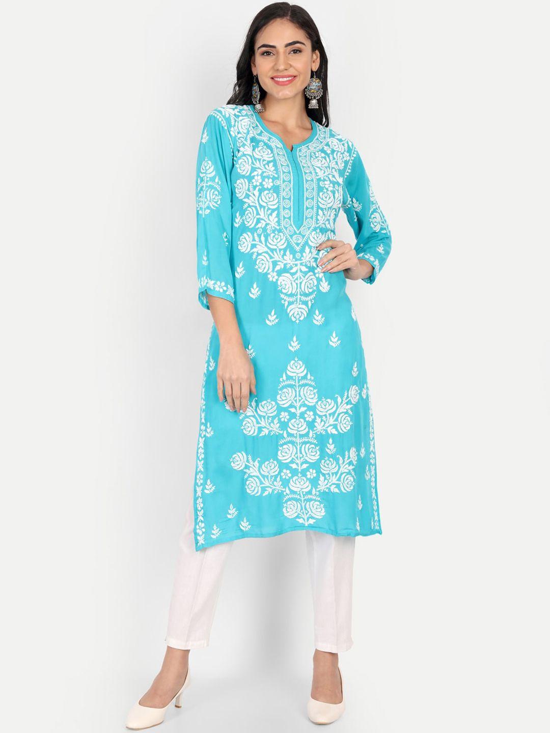 indiankala4u women blue & white floral printed kurta