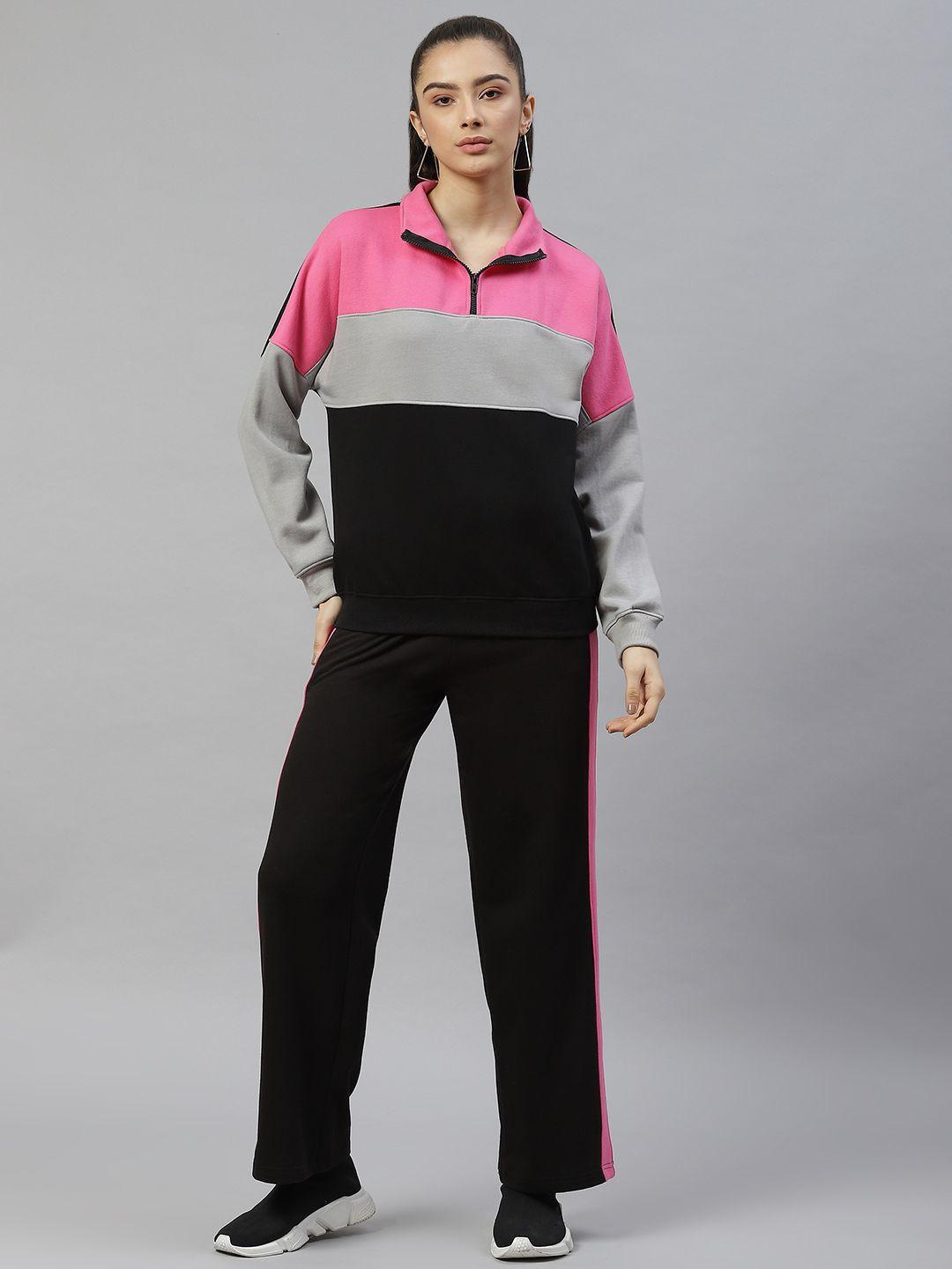 laabha women black & pink colourblocked tracksuit