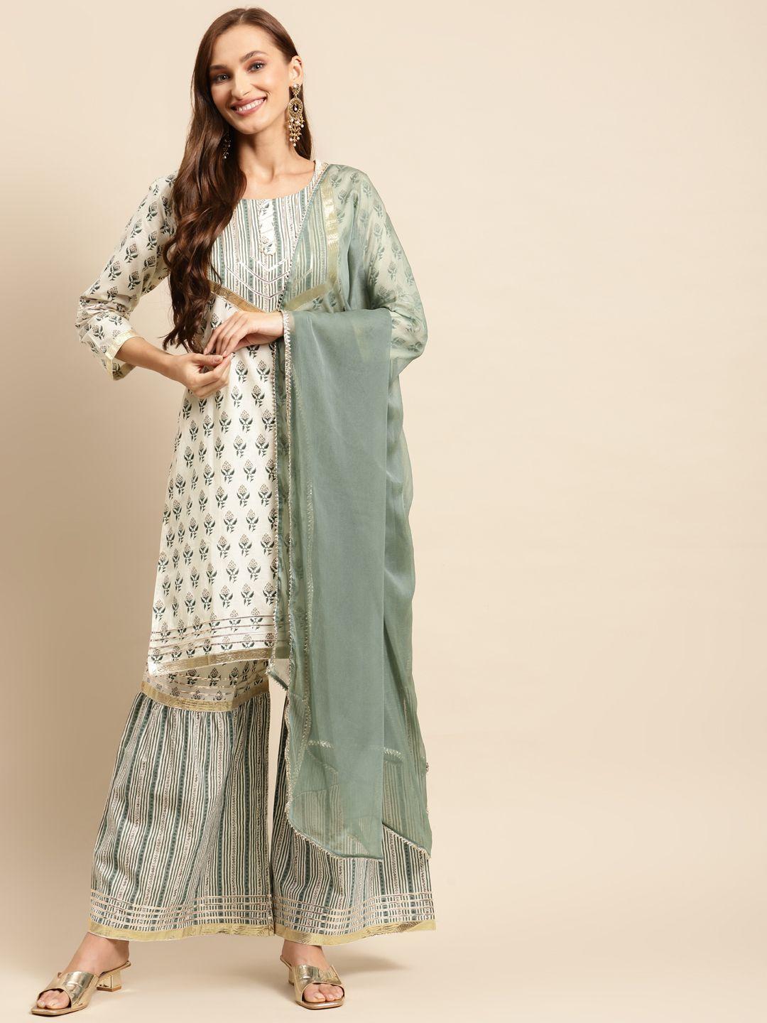 prakhya women cream-coloured floral printed gotta patti kurta with sharara & with dupatta