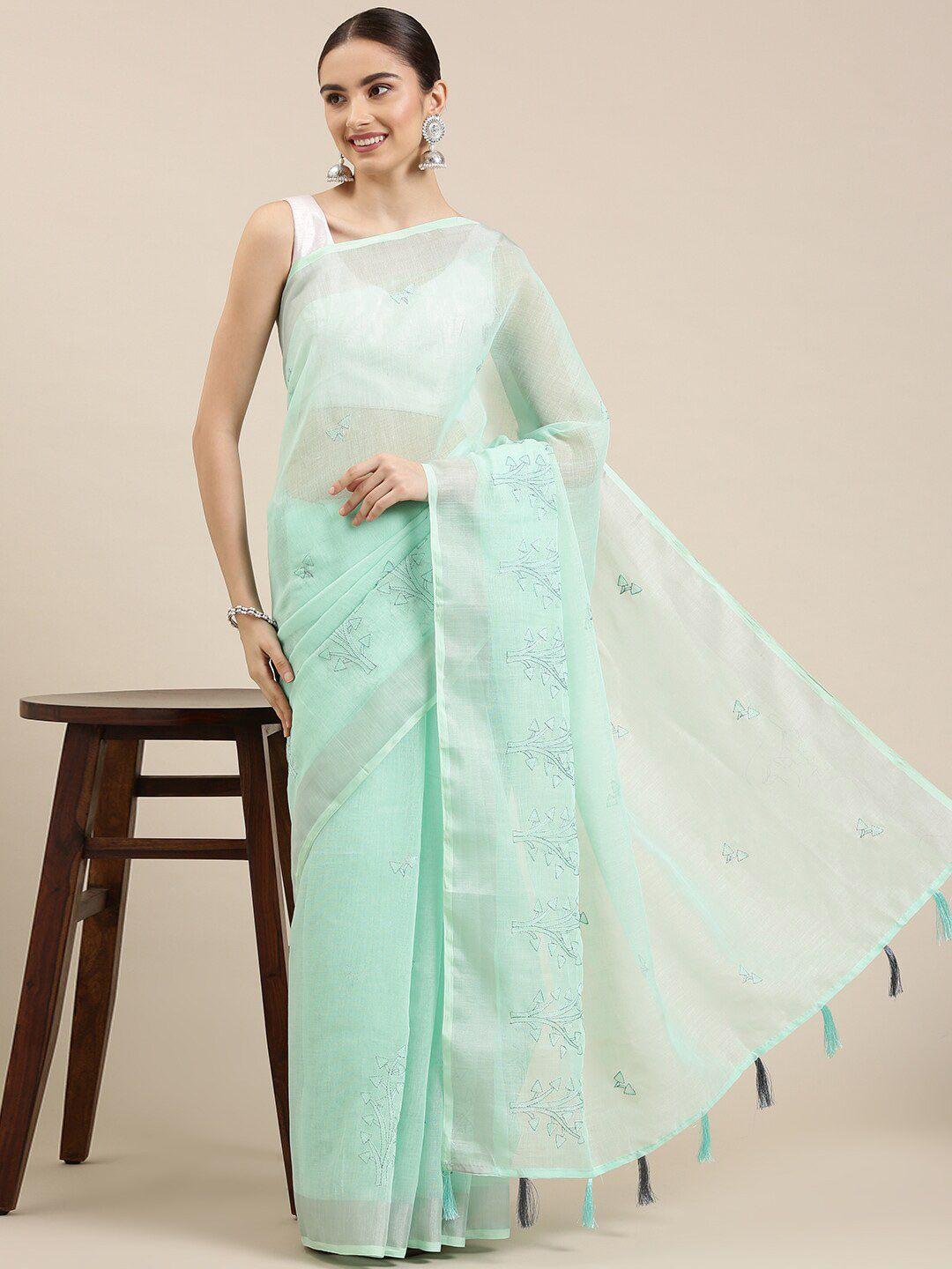 the chennai silks green & silver-toned floral embroidered linen blend fusion saree