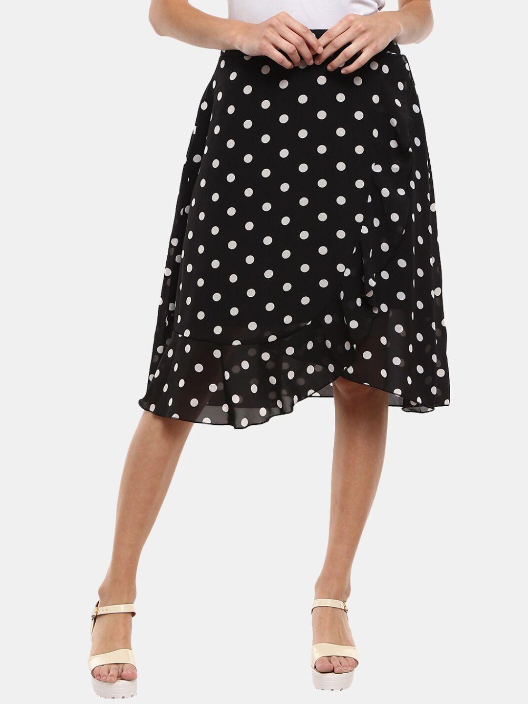 v-mart women black & white polka dot printed a-line midi skirts