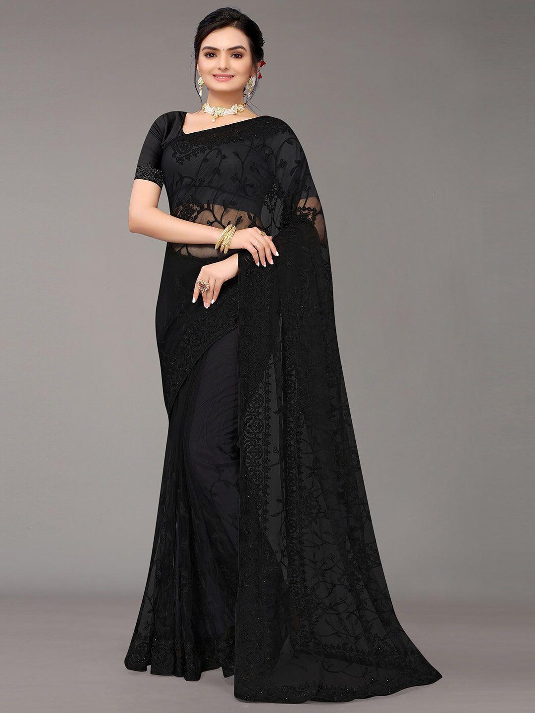 nimayaa black floral embroidered net saree