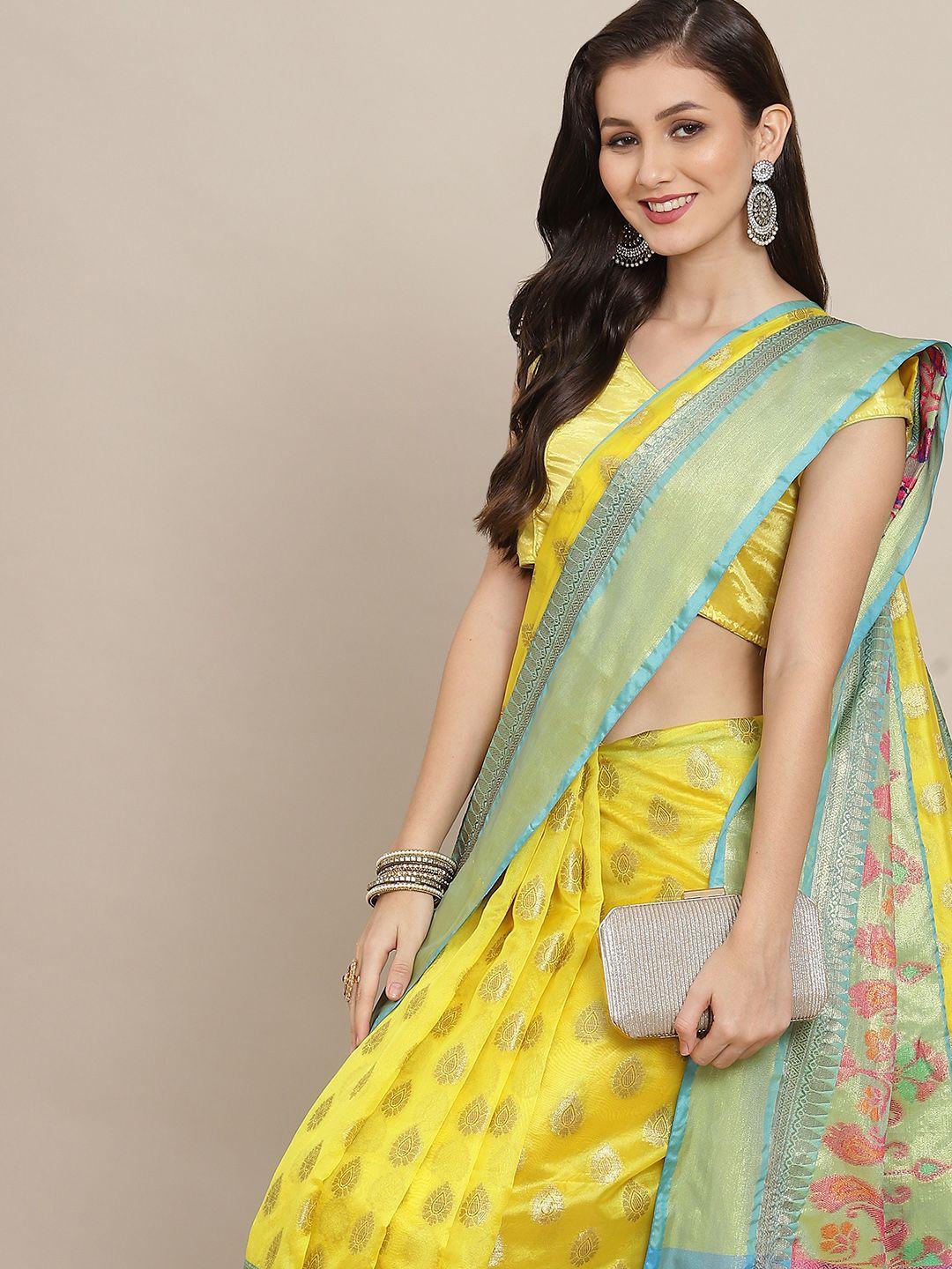 silk land yellow & turquoise blue ethnic motifs zari art silk banarasi saree