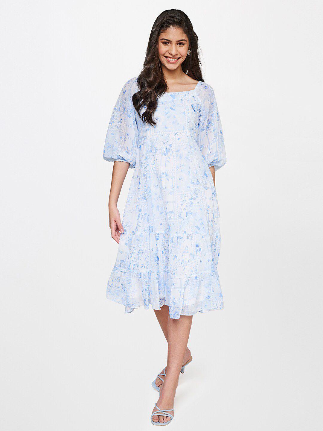 and blue & white floral a-line midi dress