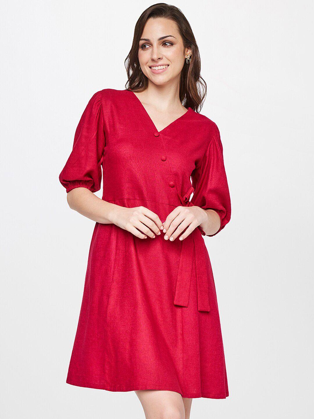 and women red solid puff sleeves linen wrap dress