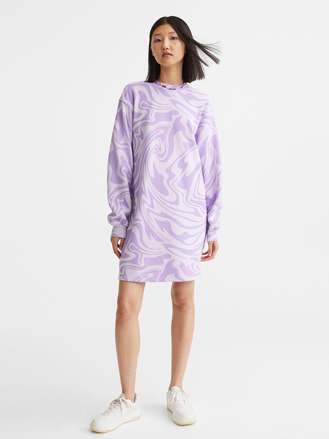 h&m purple & white patterned sweatshirt dress