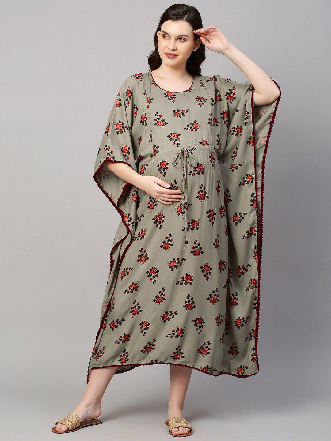 momtobe women beige printed maxi nursing kaftan nightdress