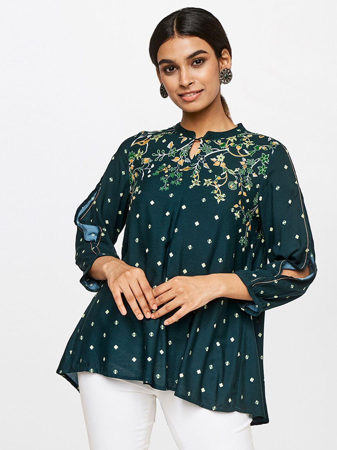 global desi green floral print keyhole neck top