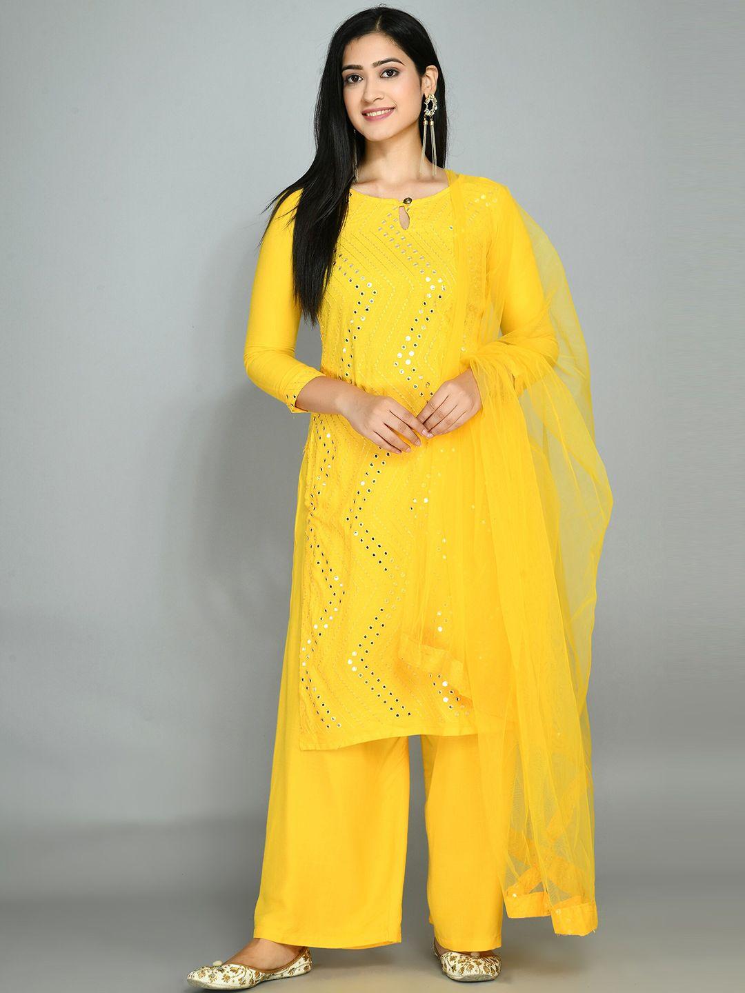 queenswear creation women yellow ethnic motifs embroidered mirror work kurta with palazzos & with dupatta