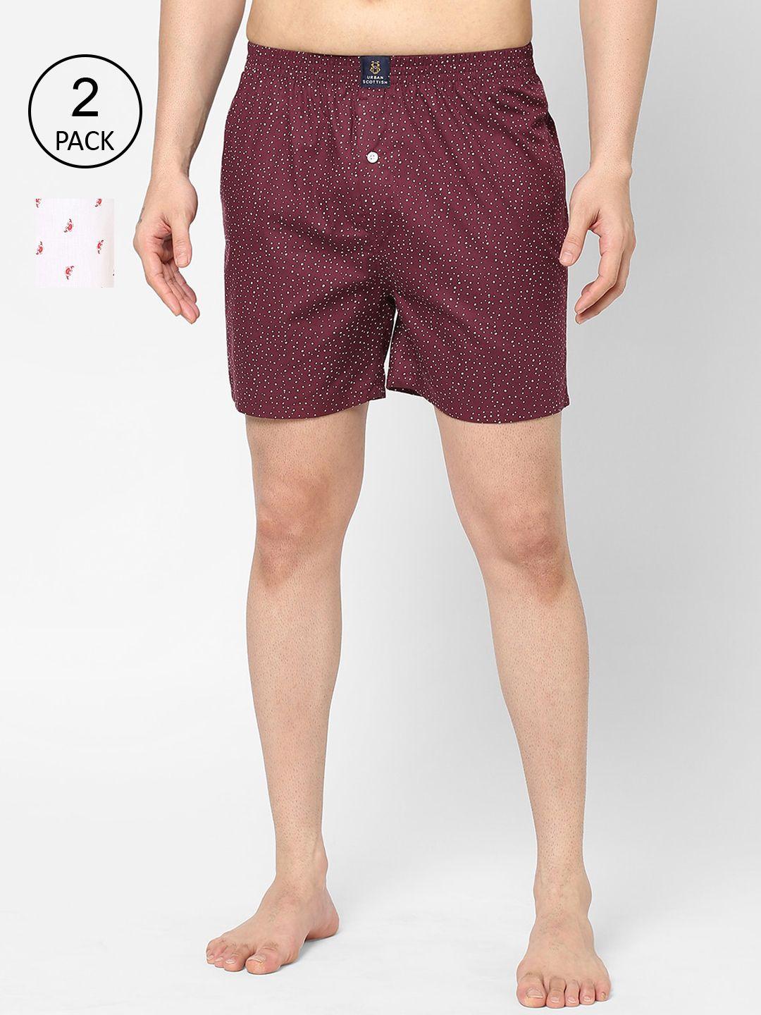 urban scottish men pack of 2 maroon & white printed pure cotton ultra soft boxers