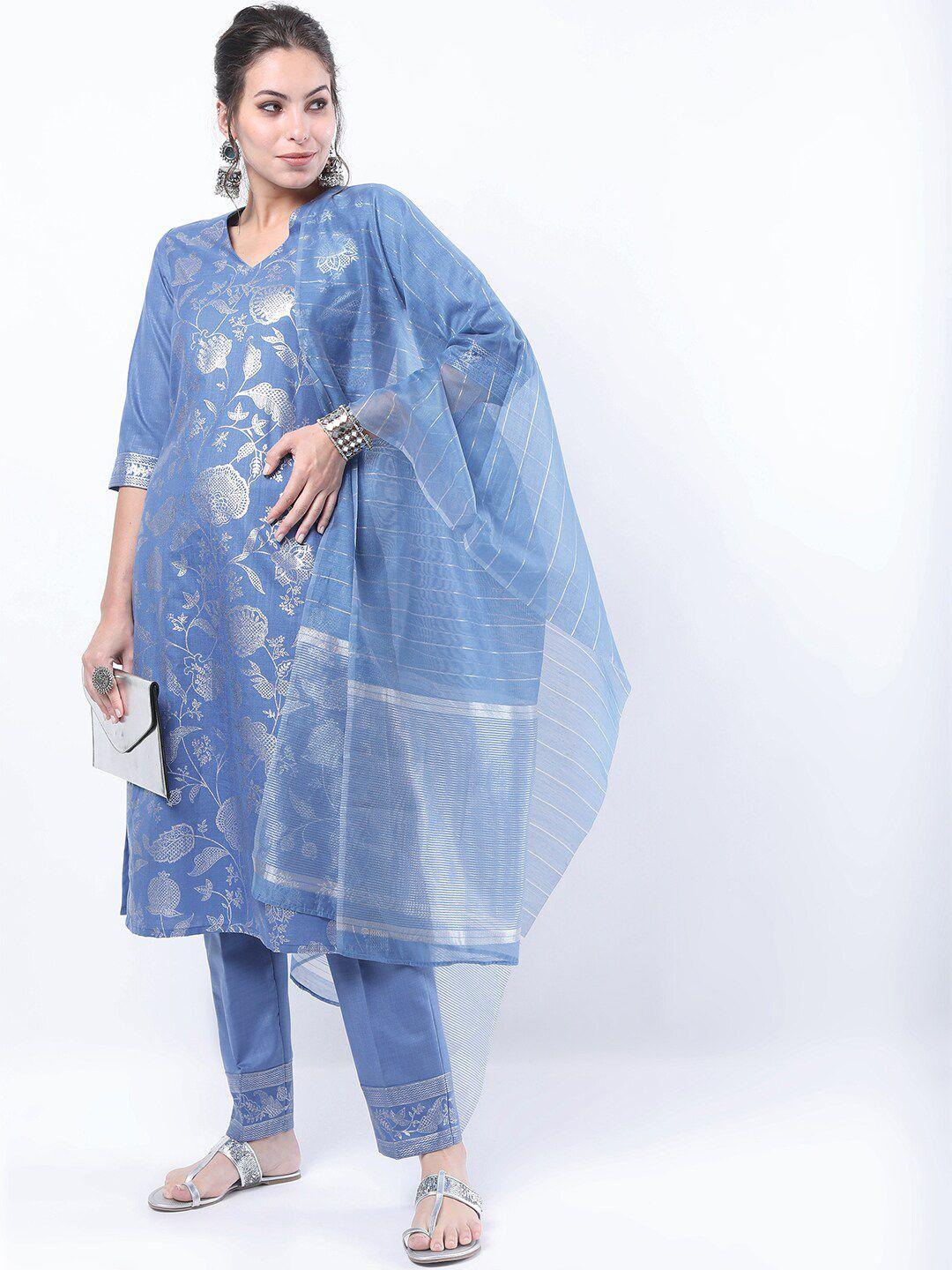 ketch women blue ethnic motifs printed straight kurta with trousers & with dupatta