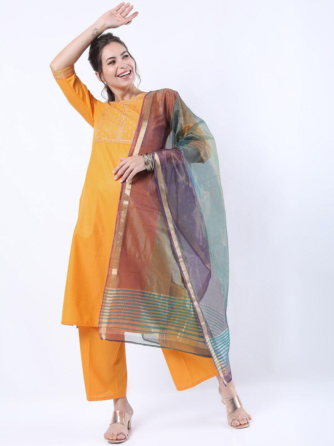 ketch yellow embrioderd kurta with palazzos & with dupatta