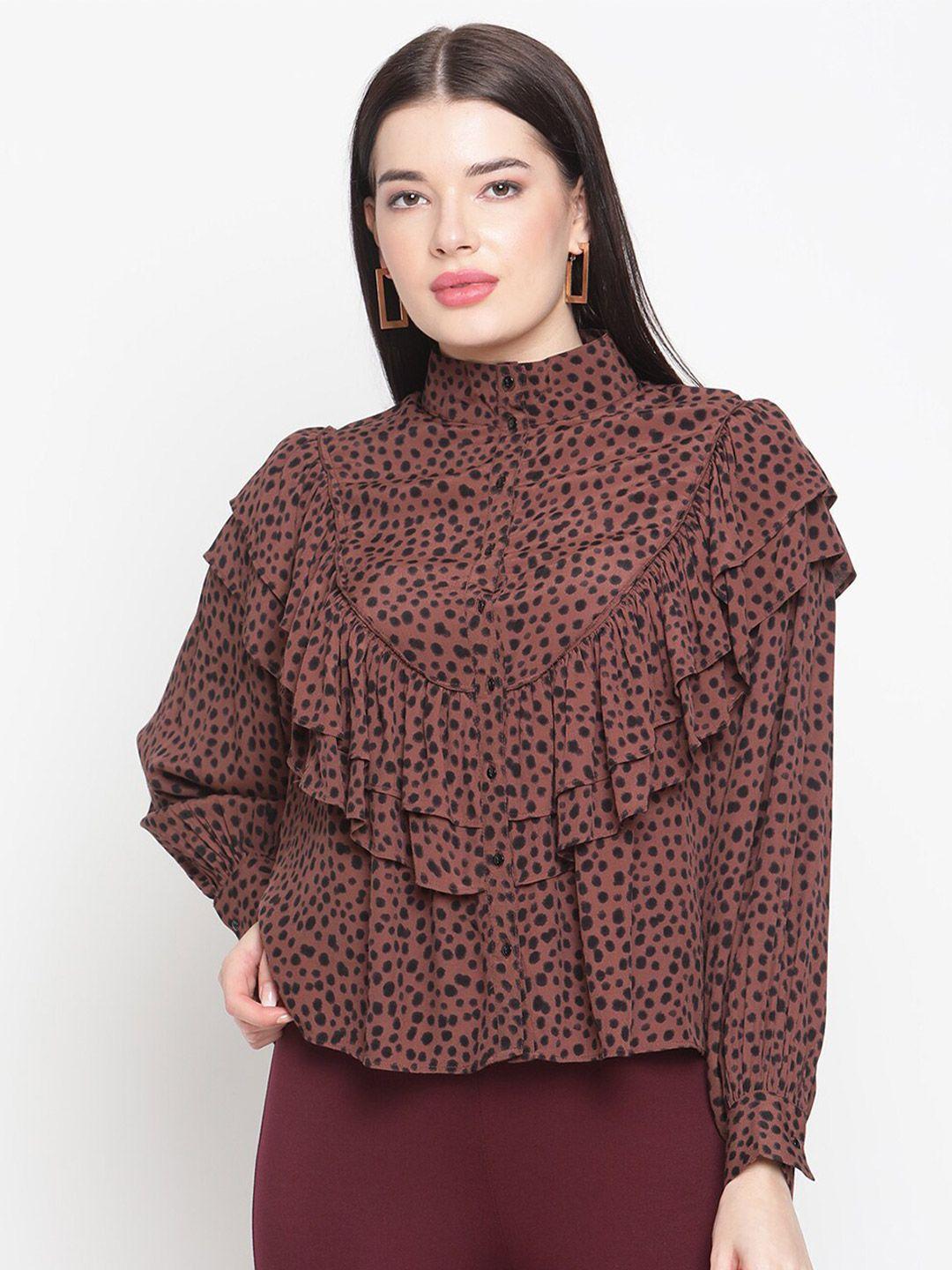 amagyaa brown floral print ruffles crepe top