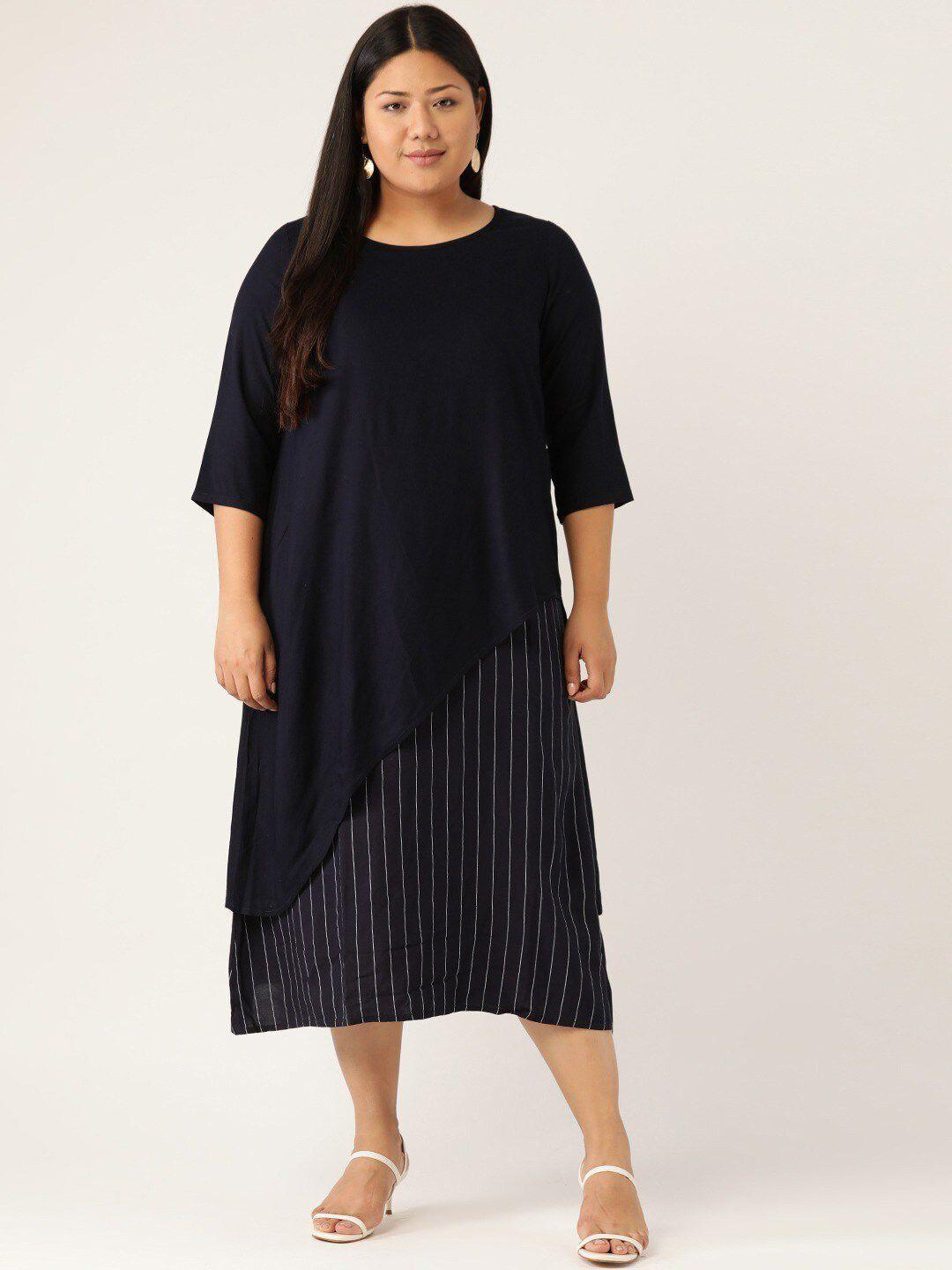 therebelinme women plus size navy blue striped layered a-line midi dress