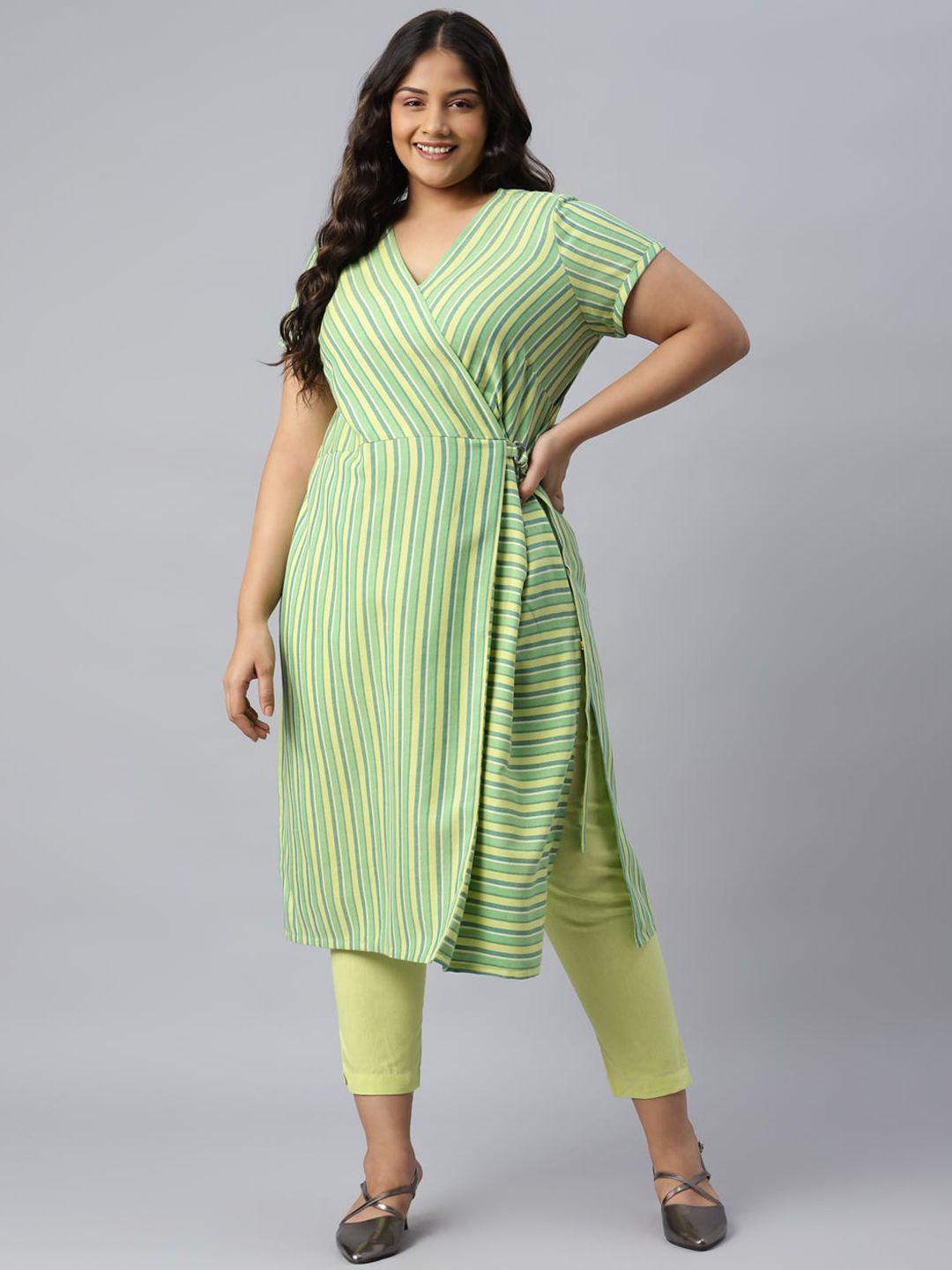 aurelia women green cotton striped kurta