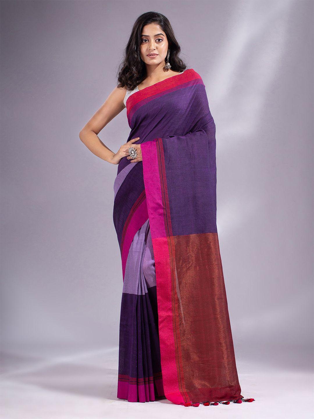 charukriti purple & pink colourblocked pure cotton saree