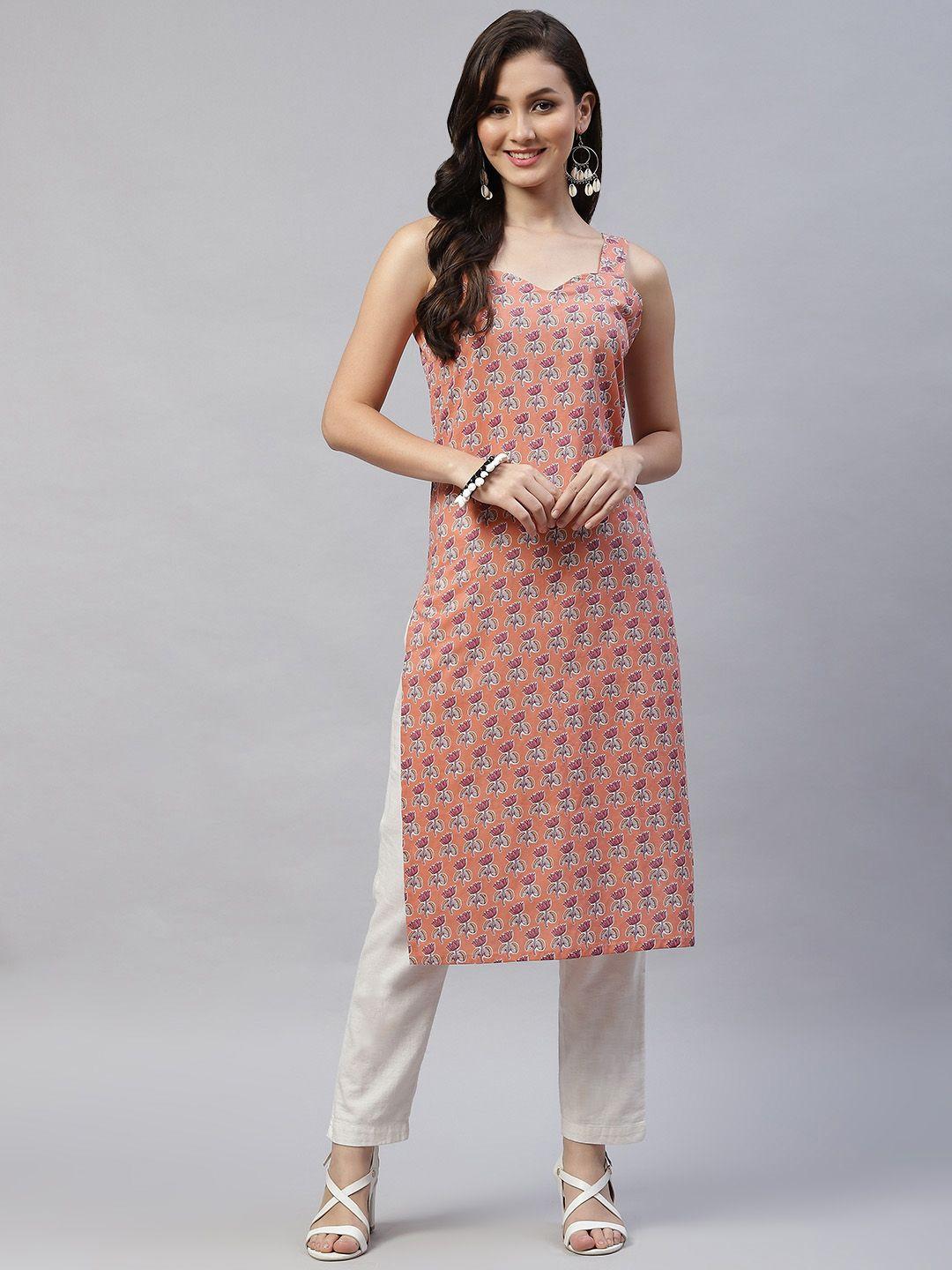 miravan women peach-coloured floral printed kurta