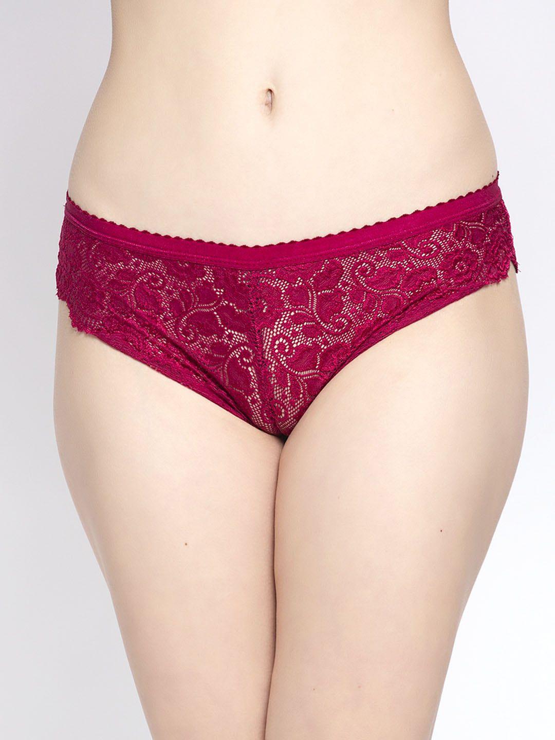 prettycat women maroon self design lace bikini briefs