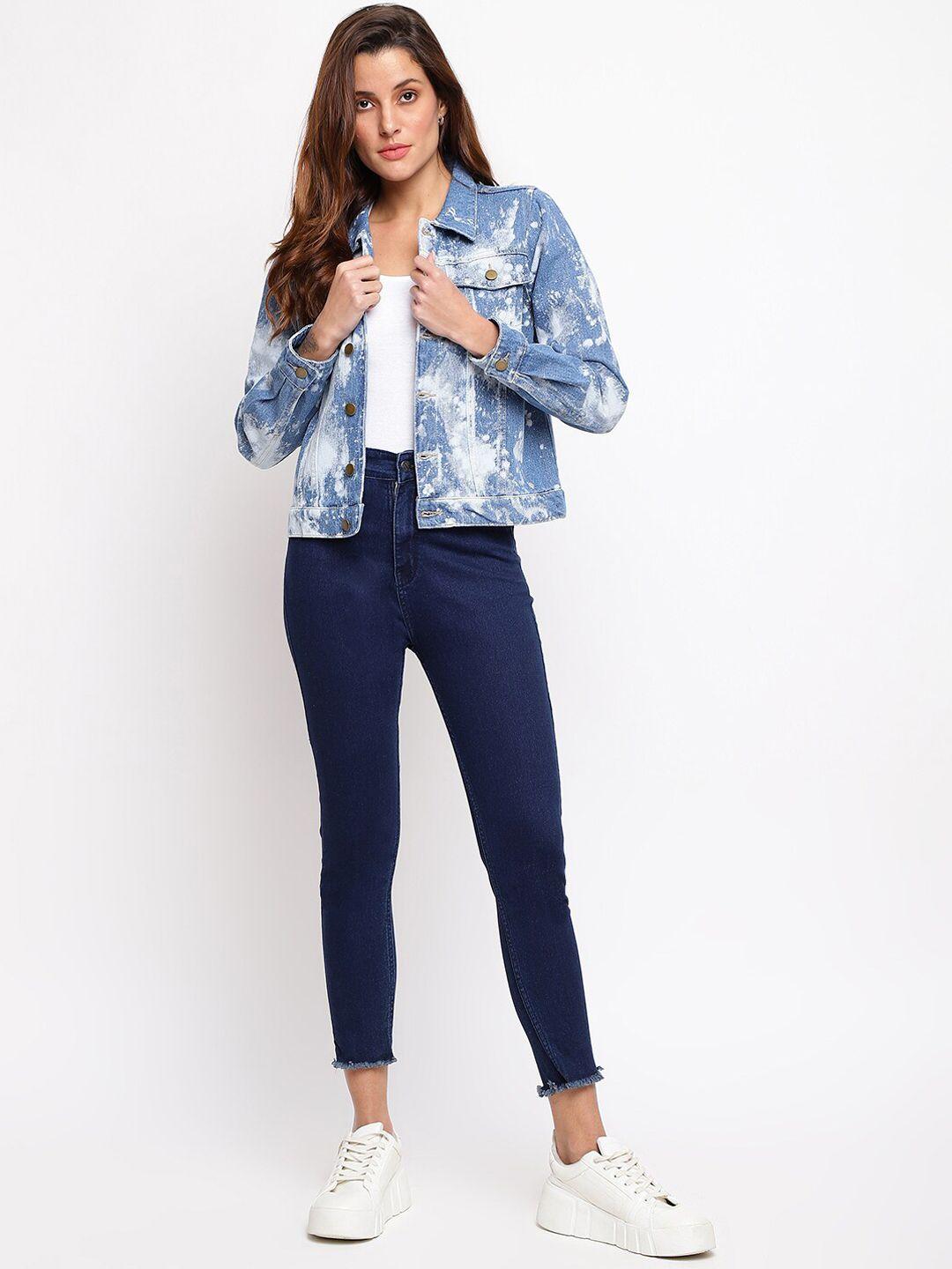 tales & stories women blue crop outdoor denim jacket