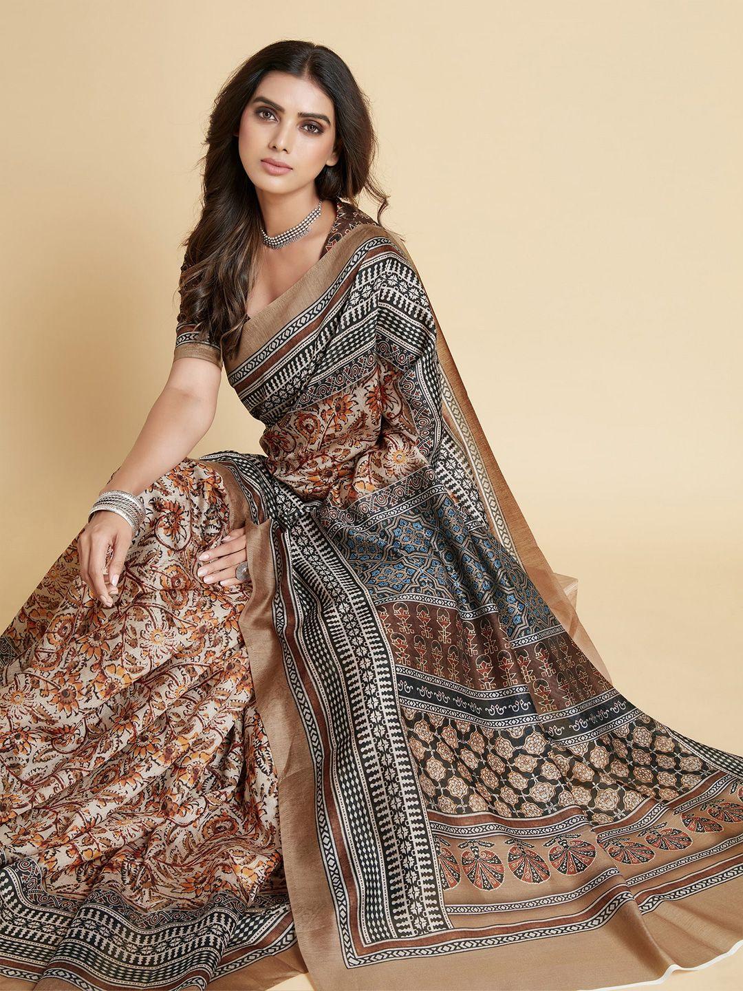 sangria golden & brown floral print saree