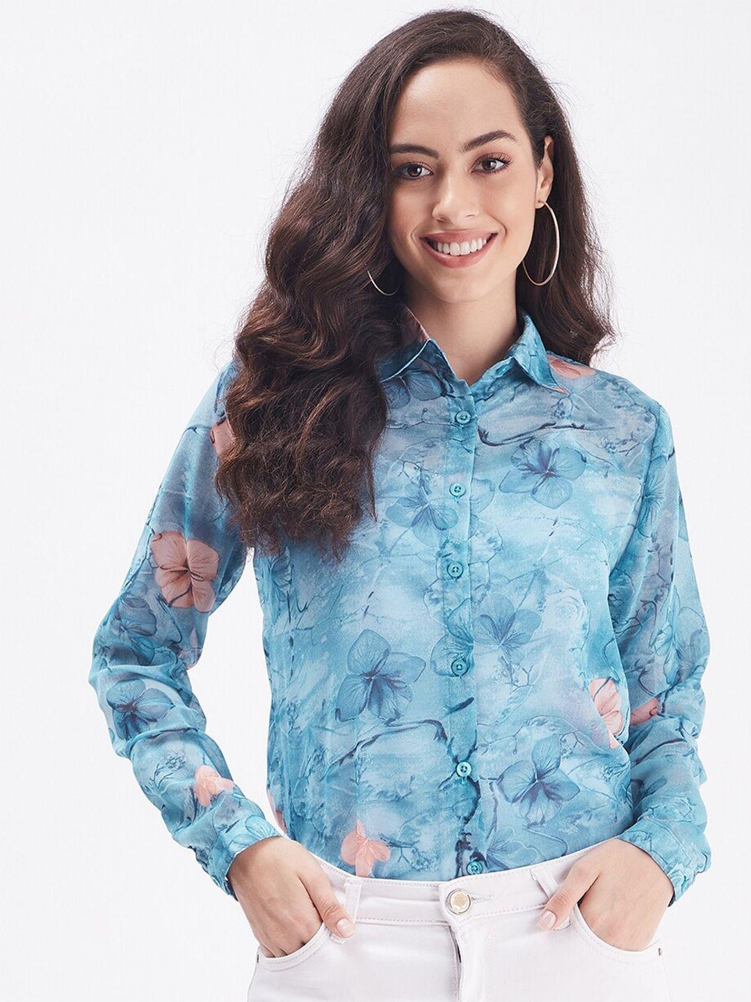 purys women blue smart floral printed casual shirt