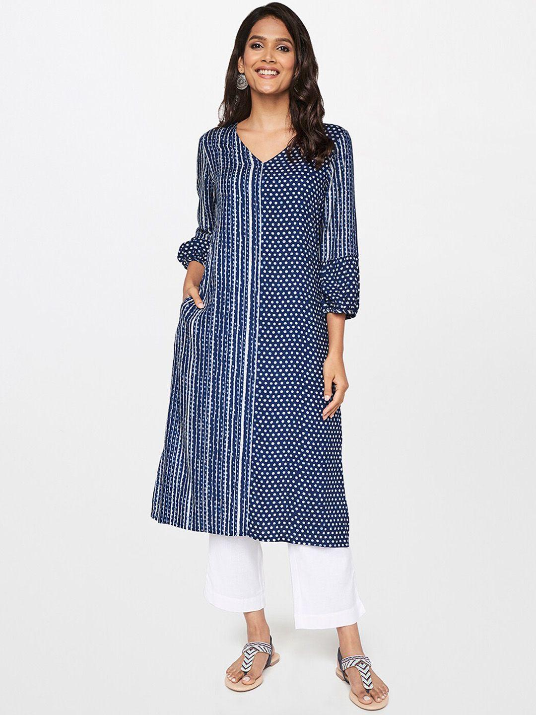 itse women blue geometric printed thread work kurta