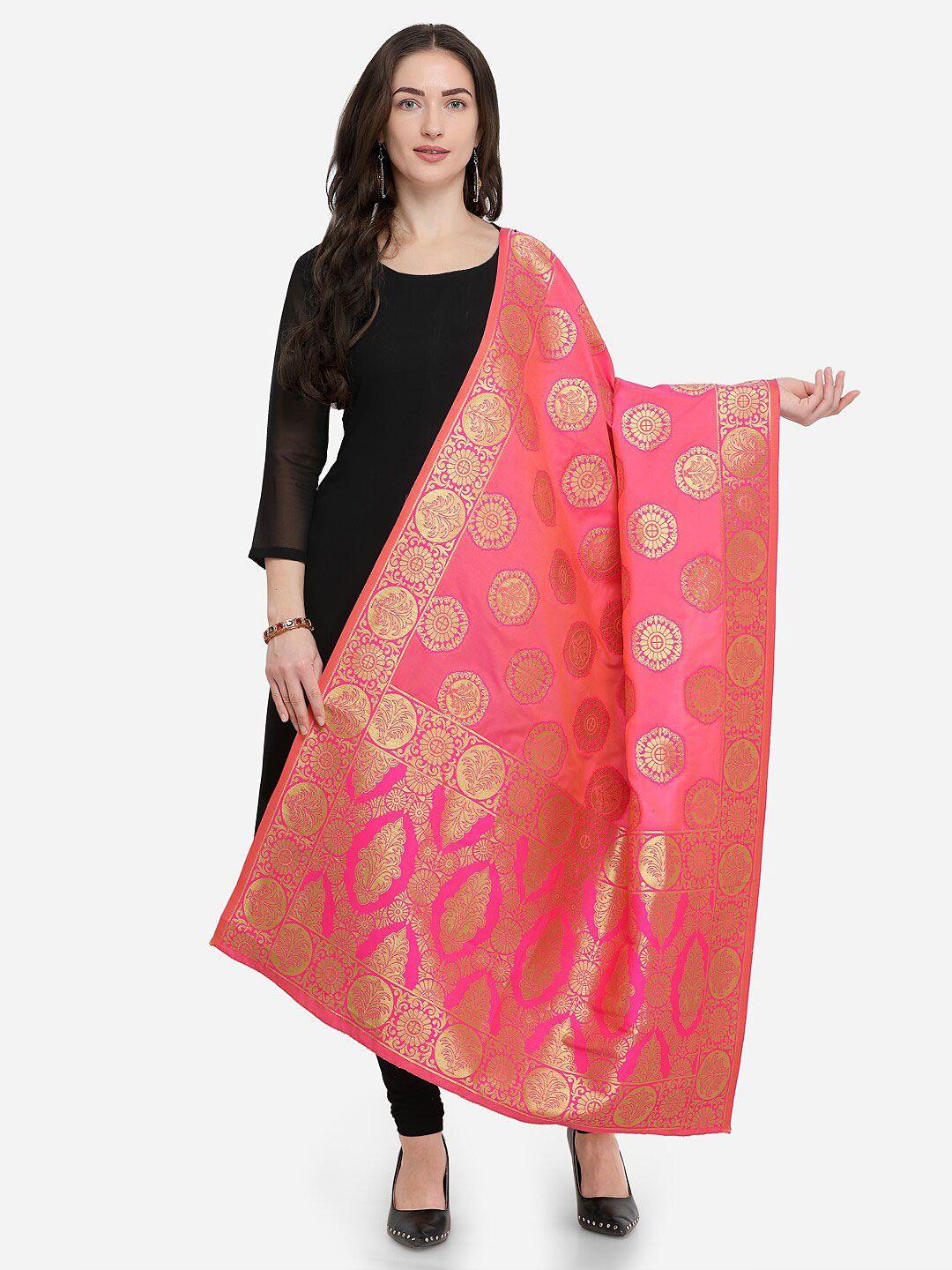 mf pink & gold-toned woven design art silk dupatta with zari