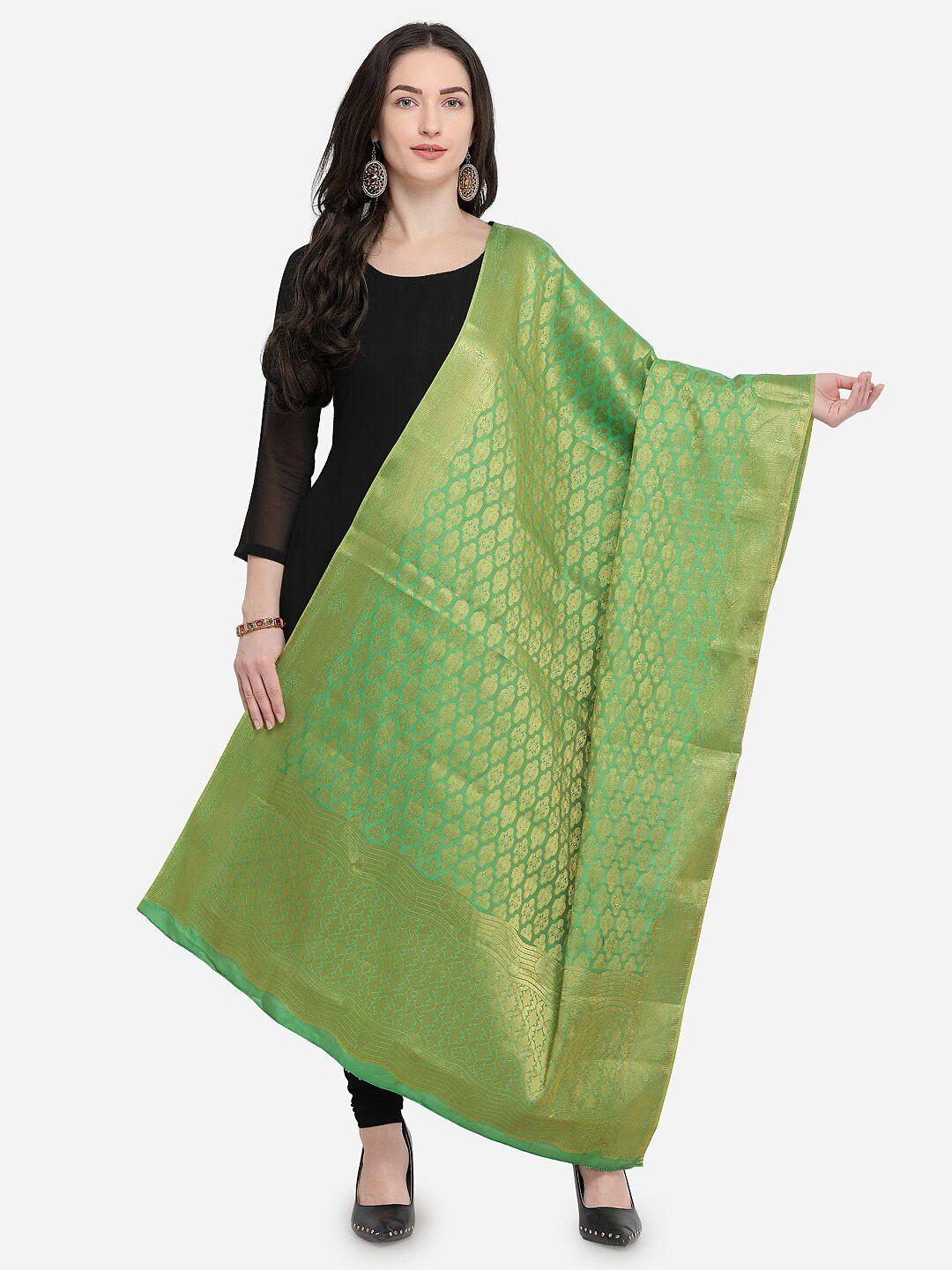 mf green & gold-toned woven design art silk dupatta with zari