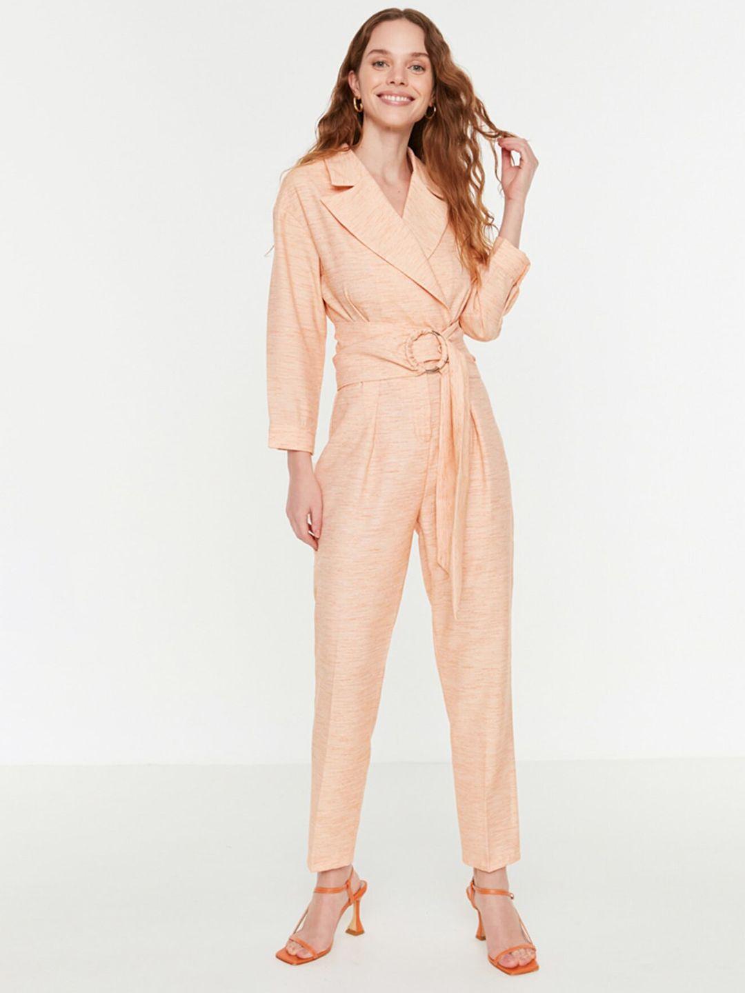 trendyol women peach-coloured melange effect basic jumpsuit with belt