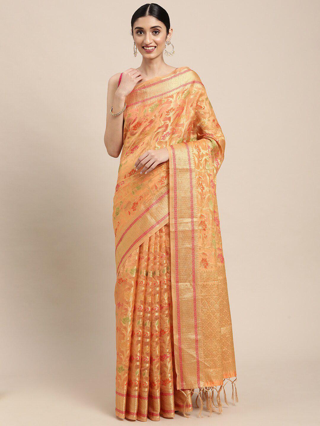 gajarai orange & green woven design zari organza banarasi saree