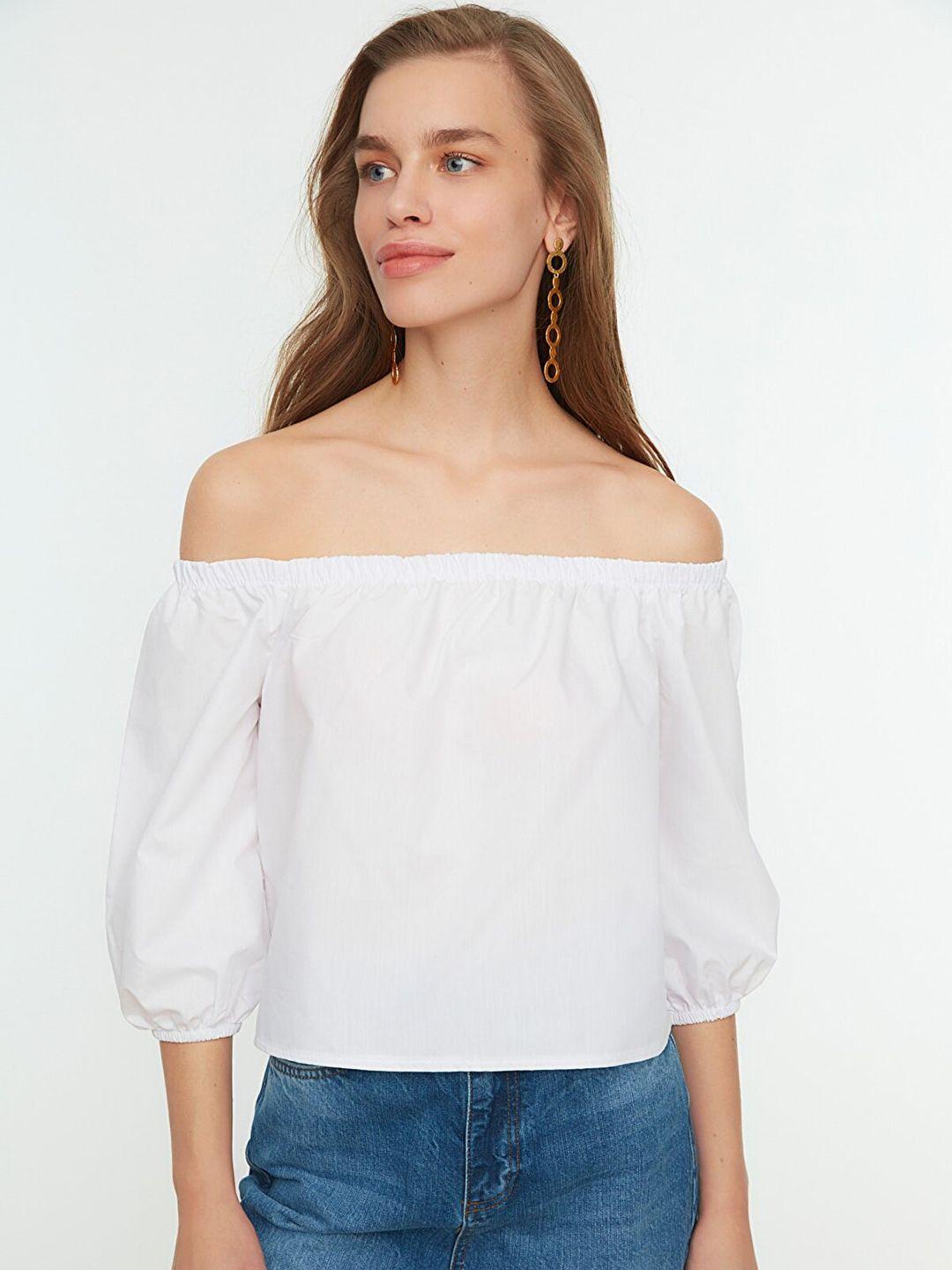 trendyol women white solid off-shoulder pure cotton bardot top