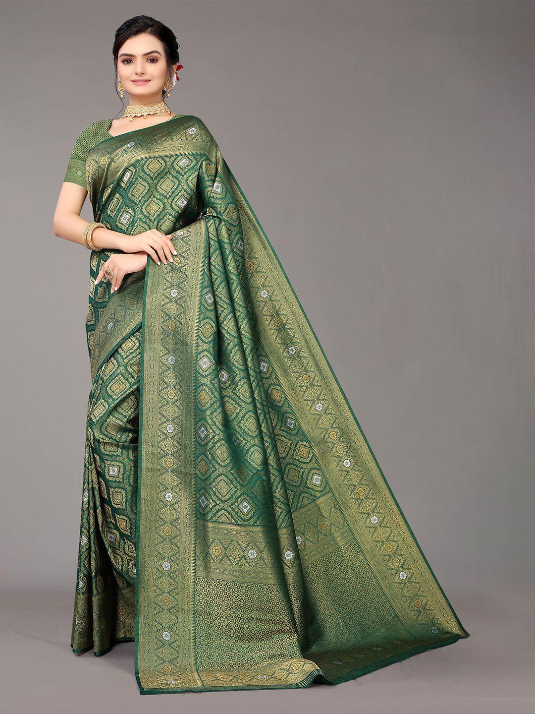 nimayaa green & gold-toned ethnic motifs zari silk blend banarasi saree