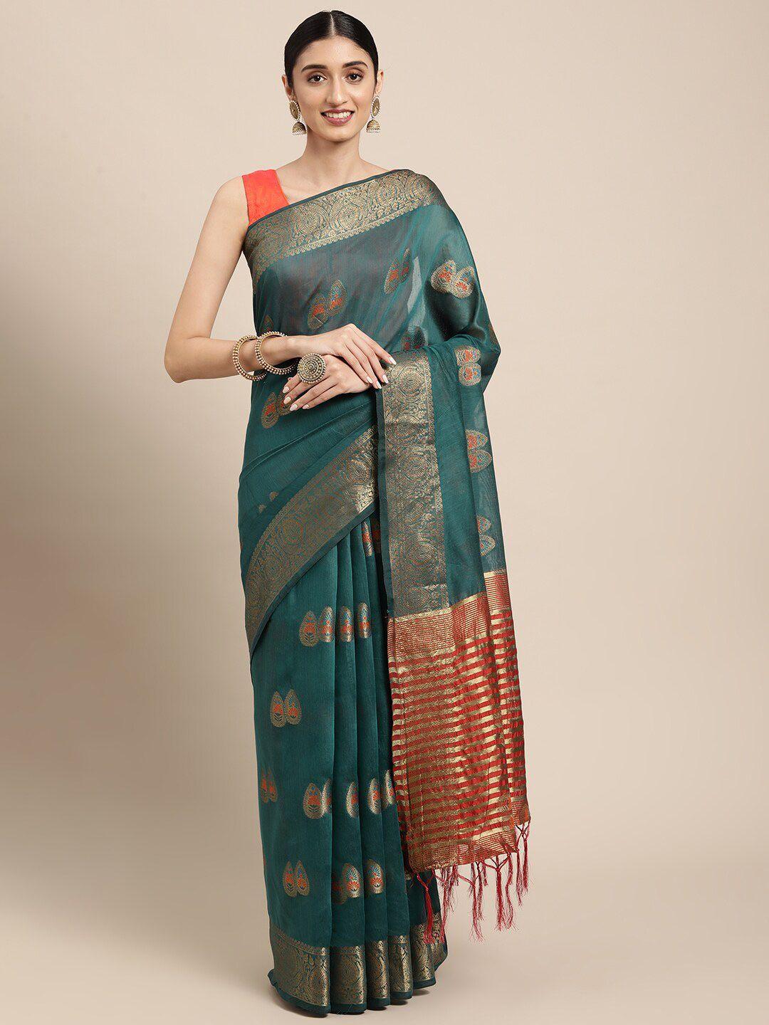 gajarai olive green & red woven design zari organza banarasi saree