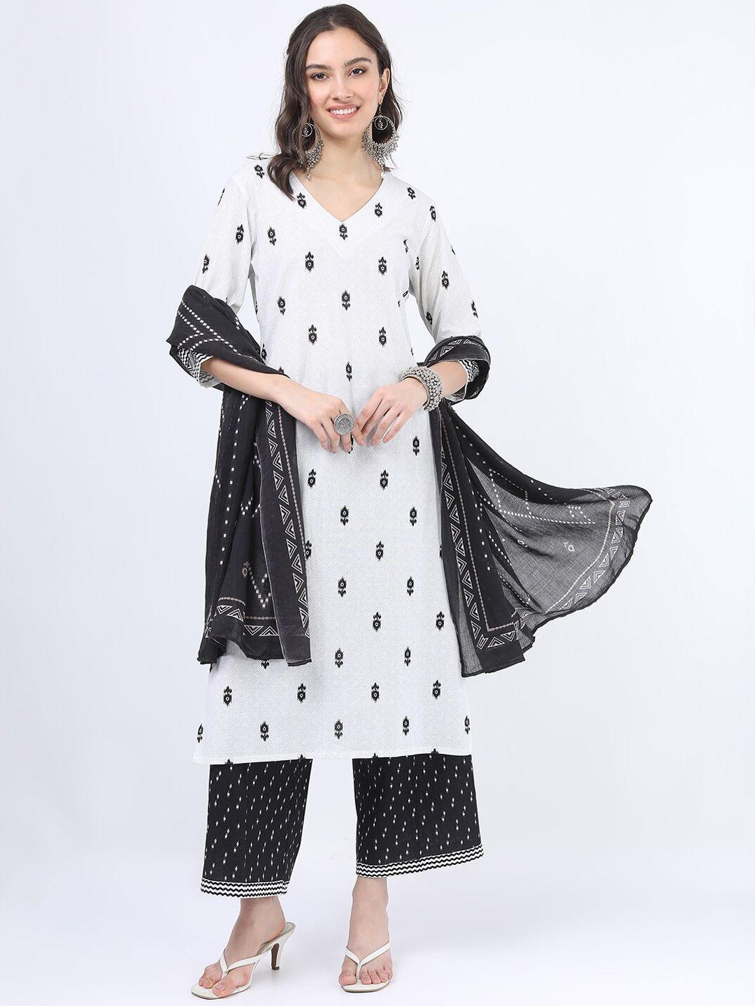 vishudh women off white printed straight pure cotton kurti with palazzos and dupatta