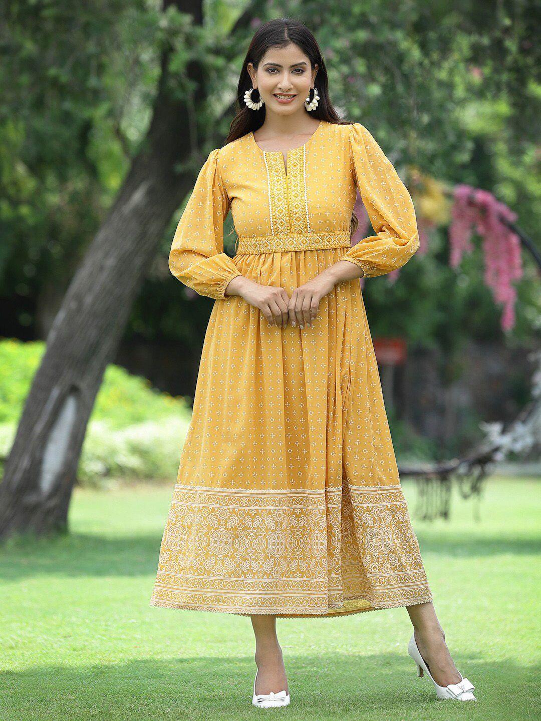 juniper mustard yellow ethnic motifs georgette ethnic midi dress